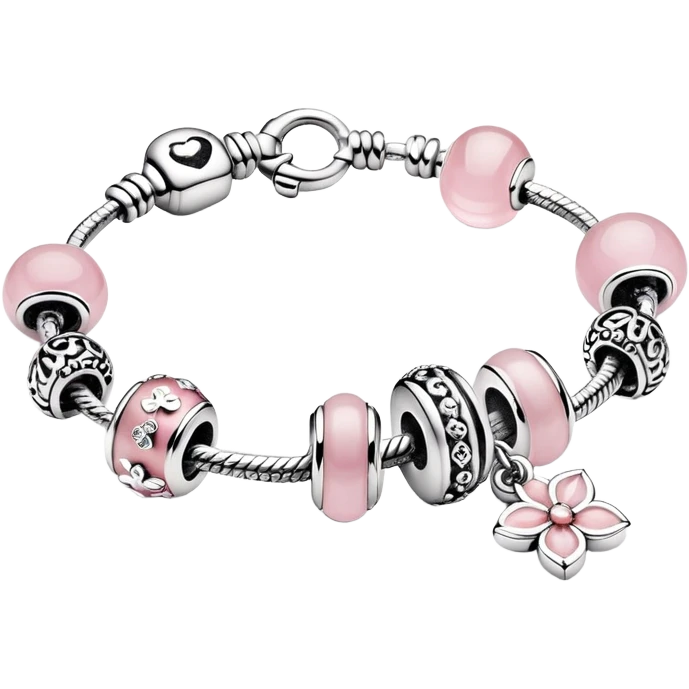 Pandora bracelet with spring charms with light pink and silver emoji
