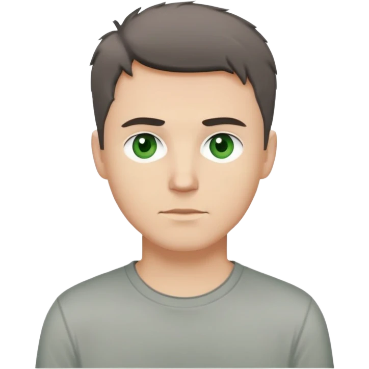 white man with dark messy short hair, dark green eyes, wearing a gray t-shirt emoji