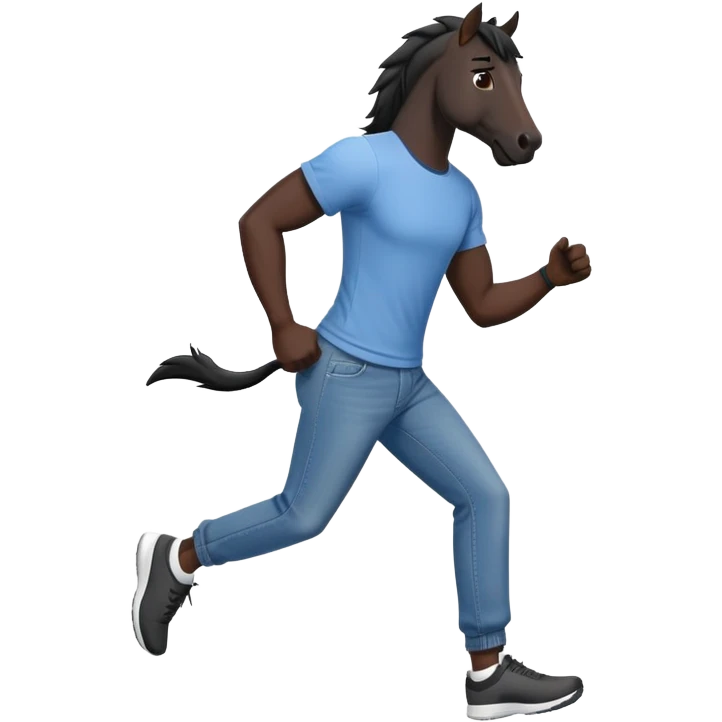 friendly anthropomorphised black stallion in jeans and a t-shirt, jogging upright in relaxed pose emoji