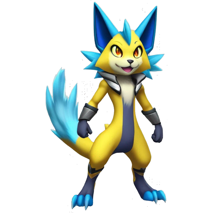 Yellow Shiny Colorful Anthro Edgy Cool Sonic-Zeraora-Renamon-Pokémon-Fakémon with shiny blue markings Full Body Detailed High Quality  emoji