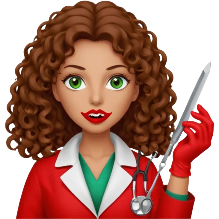 Lilith symbol sexy evil woman. She has green eyes.  had brown long curly hair.  evil surgeon kills with scalpel wears red sexy doctor coat with red mouth cover red gloves. Covers nose, neck  and mouth with Muslim red berka emoji