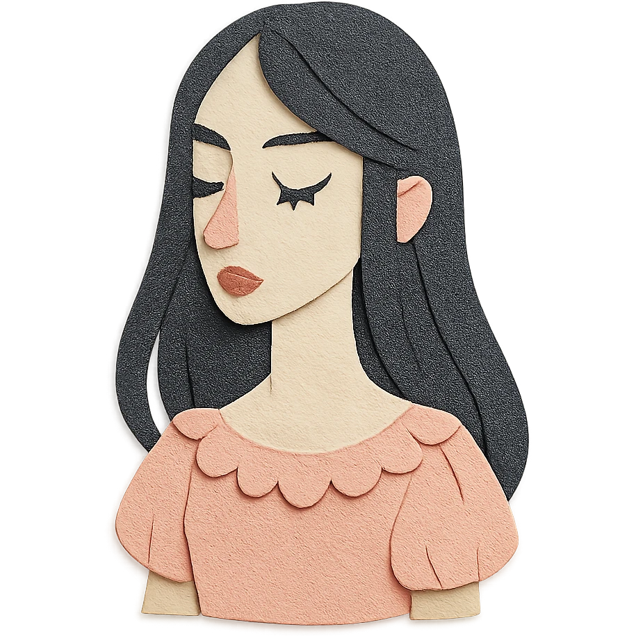 paper craft style illustration of a pale girl with long dark hair, pointy tip nose, full lips, long lashes, v-shaped jaw, wearing a frilly light pink dress emoji