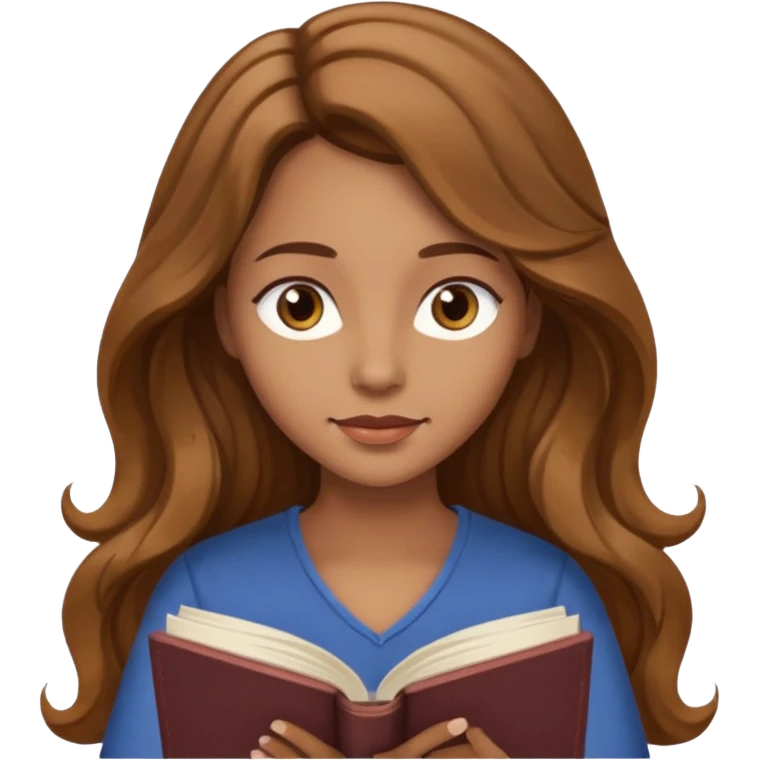 cute emoji of a woman with long light brown wavy hair and light brown eyes reading a book peacefully emoji