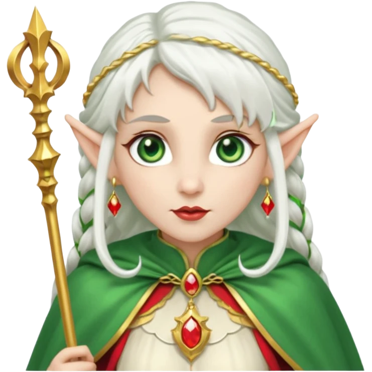 an elf with very white hair and two long pigtails on the side of her head, she has a curtain bang, green eyes, she has a white cape with golden borders and a scepter with a red orb, she has earrings that look like red drops emoji