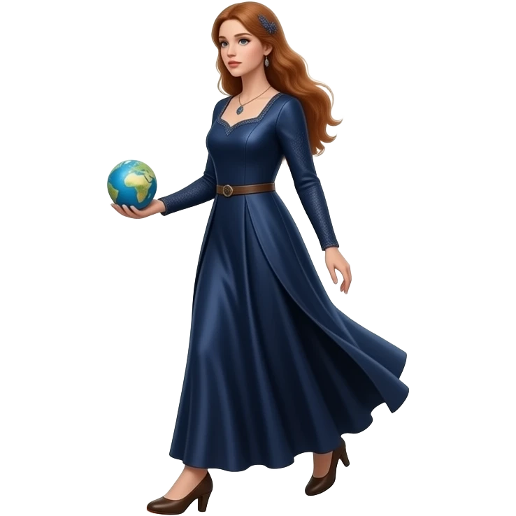 cinematic realistic - an elegant mystical girl in a long dark blue dress carries a small flashing globe in her hand and walks through a flaming ring emoji