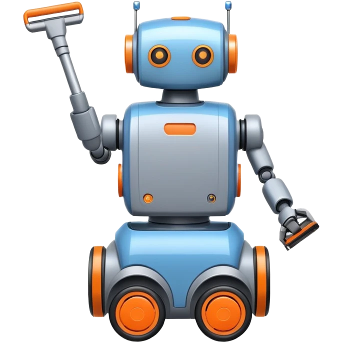 cleaning robot on wheels with blue, grey, and orange colors emoji