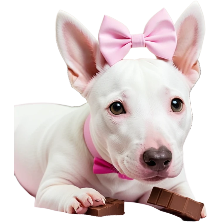 Need stickers with a mini bull terrier that is all white but has a brown spot around its right eye that goes a little towards the top of its head but not towards its ear. It is a girl dog so it needs to be cute on some stickers, like with a pink bow on its head. Need a sticker of it eating a chocolate bar. Of it eating crackers. Of it taking up the whole couch. Of it lying under the computer desk. emoji