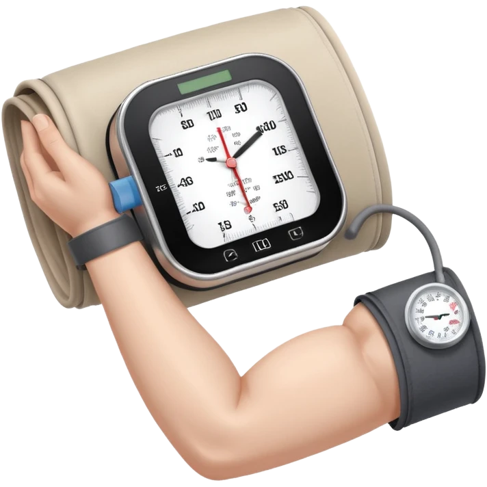 blood pressure cuff wrapped around upper arm with dial reading emoji