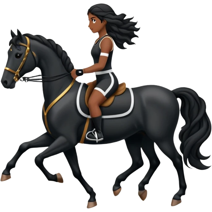 Femme noire avec cheveux longs ondulés en qeue de cheval qui fait du sport en tenue noire emoji