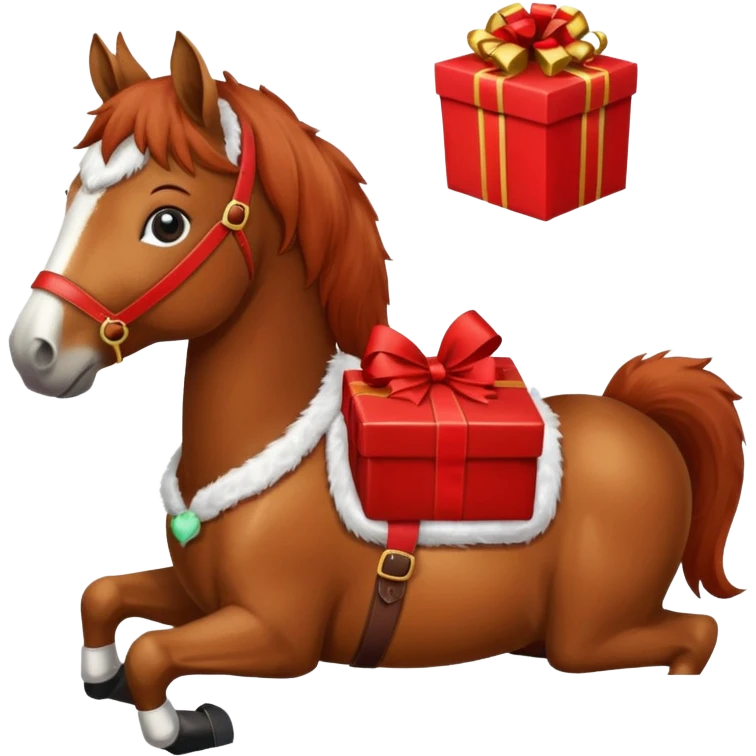 a christmas horse with a red saddle, which has a red gift box with a white bow on the saddle emoji