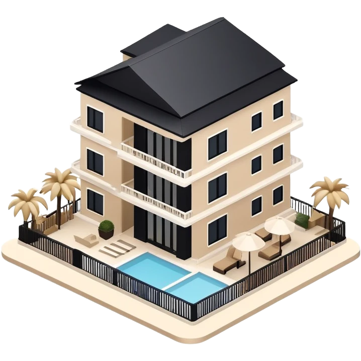 Isometric exterior little black, beige, and white resort hotel, modern dollhouse style 3D realistic  emoji