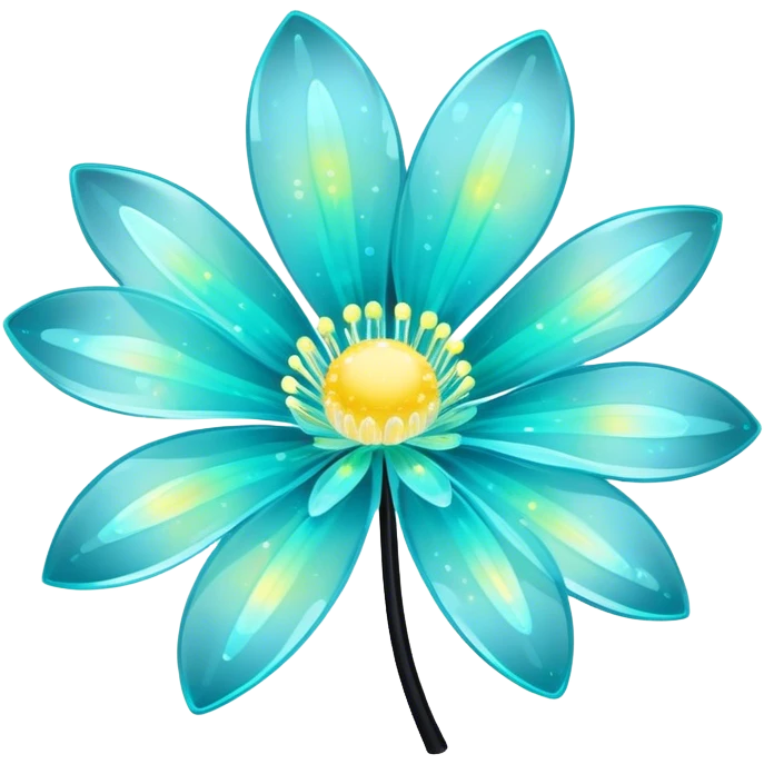 Pastel black and cyan iridescent transparent bio-luminescent flower with yellow sparkles  emoji