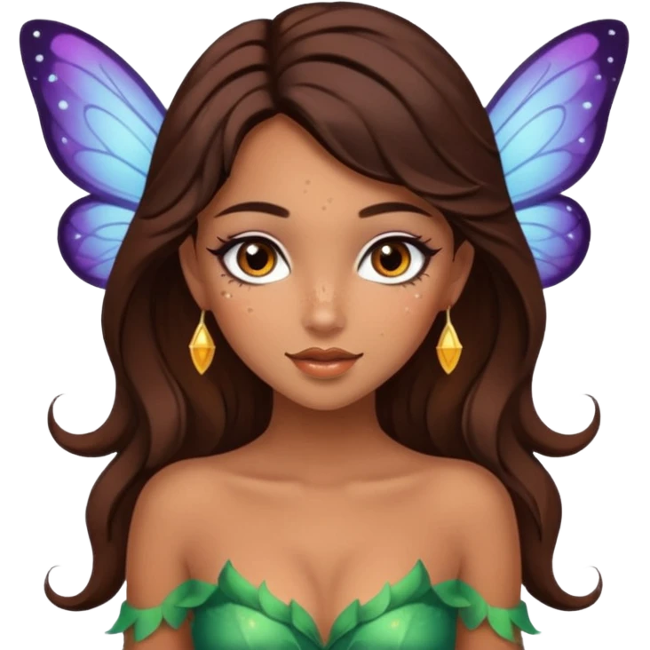 Pretty girl with caramel skin. Dark brown hair and brown eyes. She has freckles. Wearing sexy makeup. Wearing a fairy costume. wearing heels emoji
