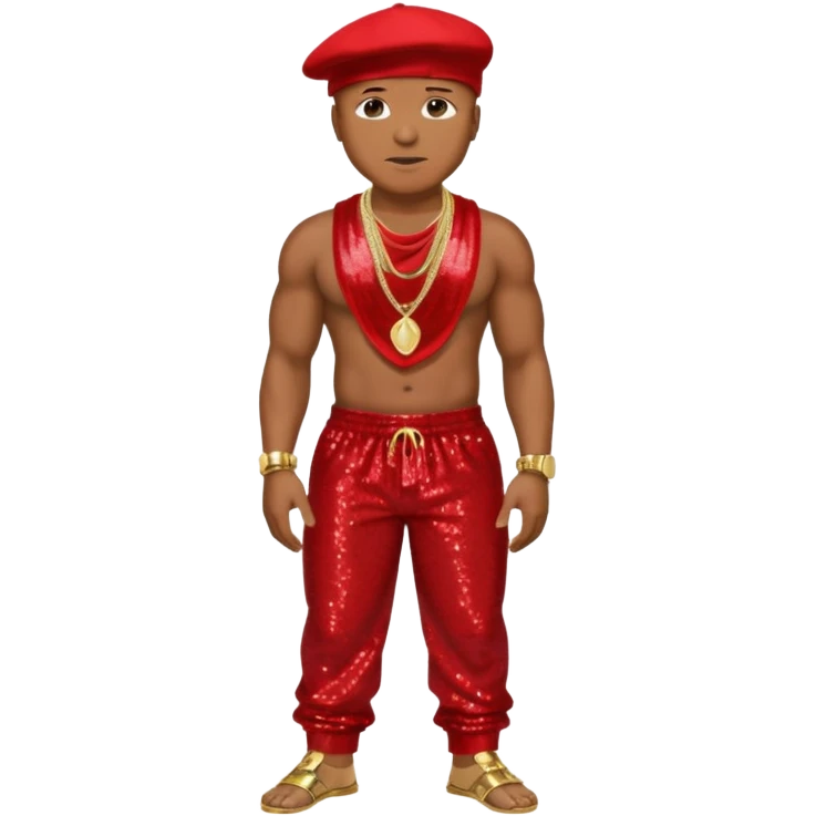 LL Cool J with red sequin baggy pants, shirtless with necklace emoji