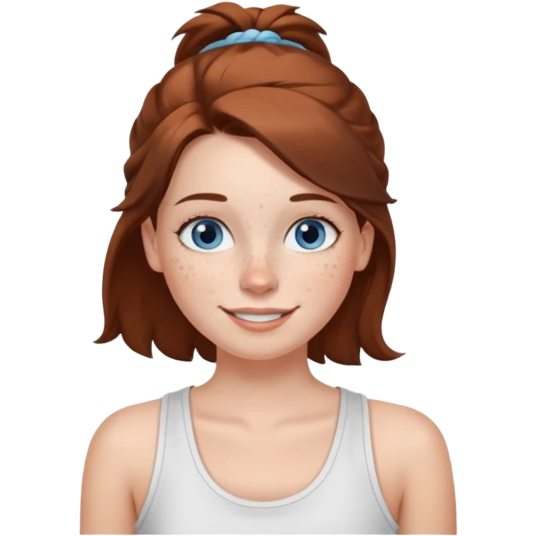 Una chica de tez blanca con pecas, nariz respingada, labios gruesos, ojos grandes color azul grisáceo, pelo largo, lacio, color castaño. Con una blusa de tirantes blanca. Que este sonriendo y q solo se vea de la cintura hacía arriba emoji