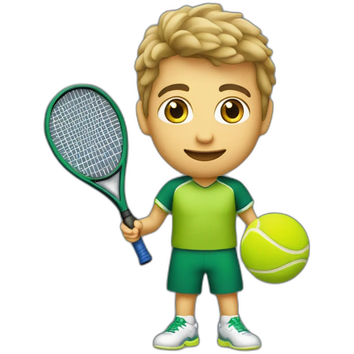 Ragazzo riccio con occhi verdi con maglietta gialla gioca stanco con una racchetta da tennis emoji