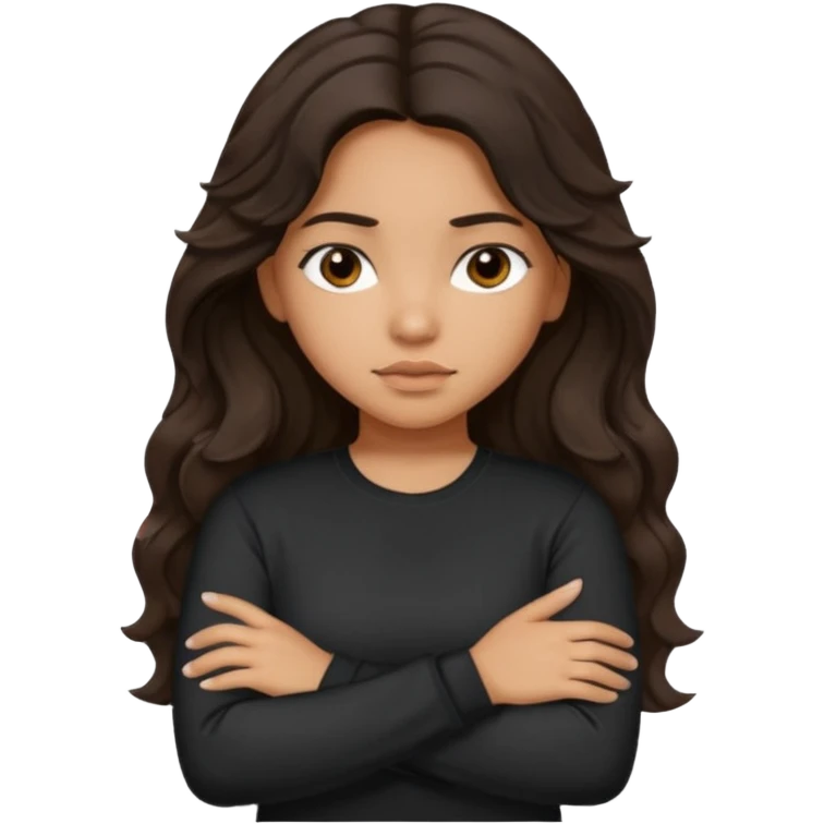 Hispanic girl dark long wavy hair crossing her arms with slight pout wearing a black long sleeve shirt emoji