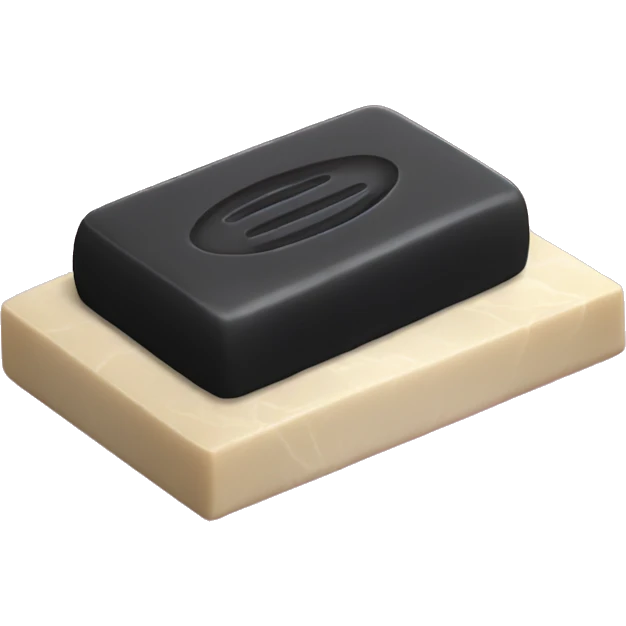 Black, rectangular, bar of soap laying flat on a fancy soap dish emoji