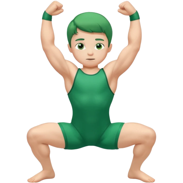 Little boy in a green leotard flexing his arms and bending his knees emoji
