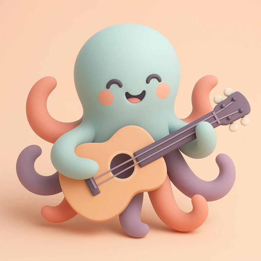 happy octopus with multiple arms playing guitar emoji