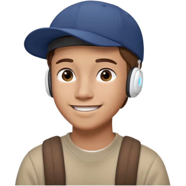 Only the head of a young guy with brown hair smiling with airpods in his ears and a cap on his head turned back. emoji