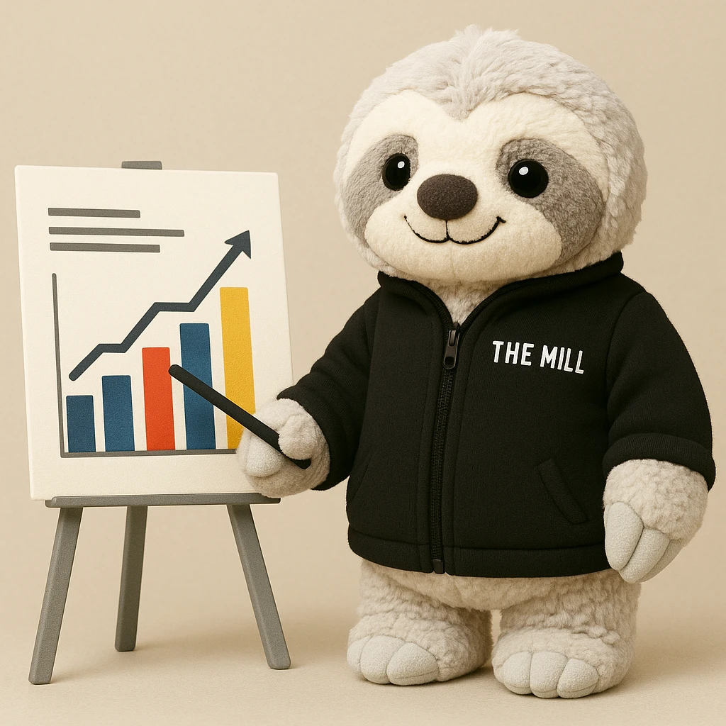 Make this sloth look like a plushy, soft and cuddly toy, inspired by the reference photo, but still wearing a black 'The Mill' jacket and looking business savvy. The style should reflect a plush toy softness and cuddliness. emoji