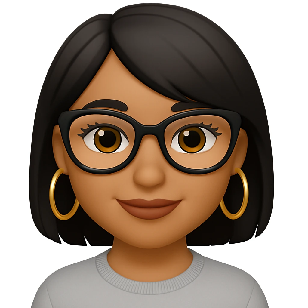 Add gold hoop earrings and stylish glasses to the smiling light brown skin girl with small lips, black layered hair, and doe eyes in emoji style. emoji