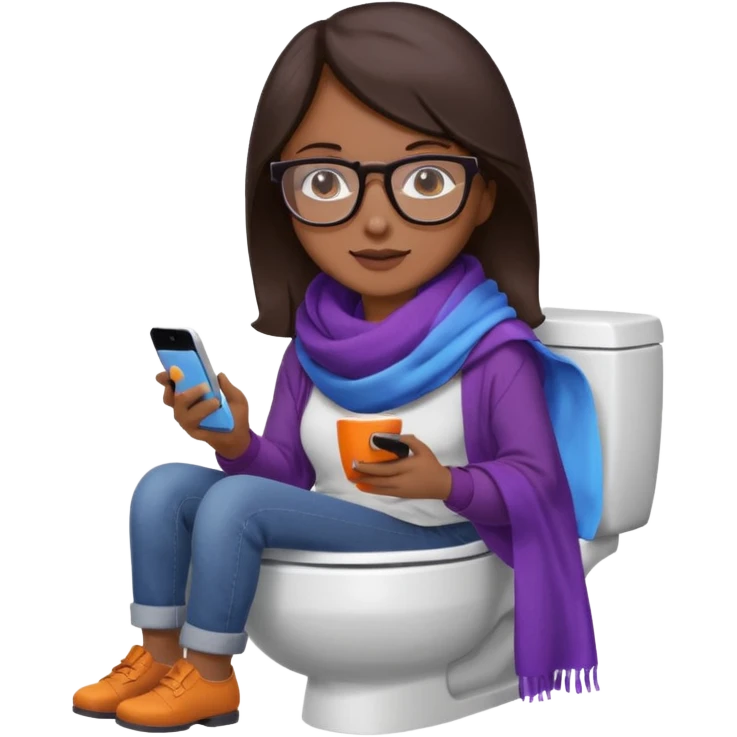 Fille châtain foncé avec lunettes. Elle porte une grosse écharpe violette, bleu et orange. Elle assise dans une cuvette de toilette. Téléphone en main. Realiste emoji