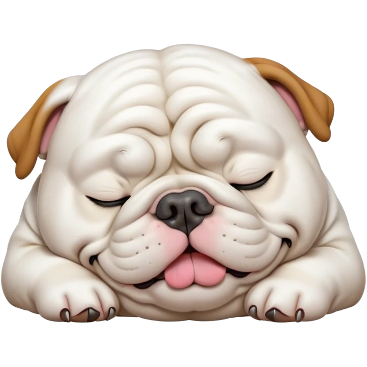 Cinematic Meme-Worthy Chubby Sleeping White English Bulldog Portrait Emoji, Head resting peacefully with a contented smile, showcasing a delightfully chubby build and a luxuriously soft pure white coat, eyes shut in a serene nap, Simplified yet hilariously adorable features, highly detailed, glowing with a soft, drowsy light, high shine, relaxed and utterly lovable, stylized with an air of playful laziness, bright and heartwarming, soft glowing outline, capturing the essence of a comically sleepy guardian, so meme-worthy it feels like it could instantly become the next viral sensation of adorable slumber! emoji