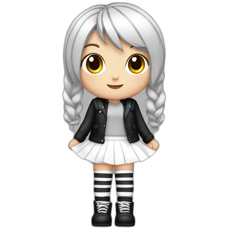Frontal view curvy emo girl sits white skirt striped stockings hands up emoji