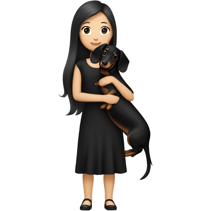 an Asian girl with long hair, wear black dress, hugging a black and tan long haired dachshund emoji