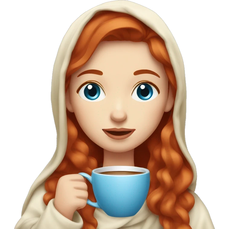 Red head girl with blue eyes in a cream blanket sipping coffee emoji