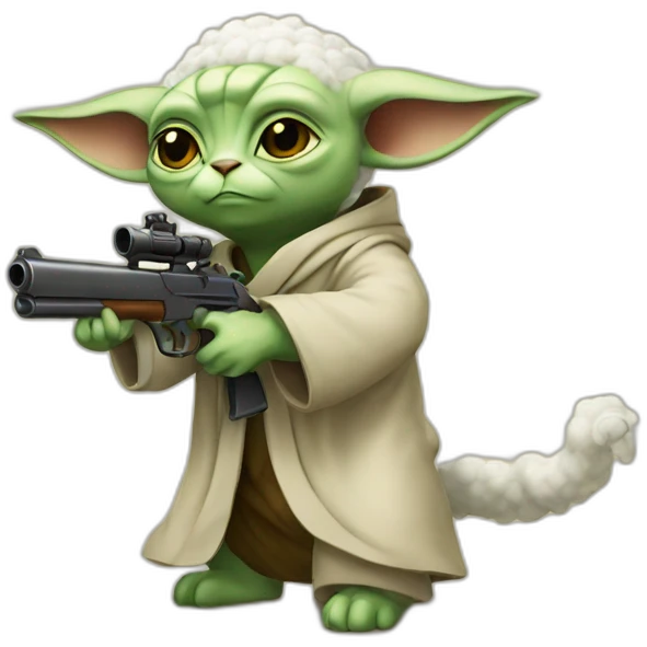 a yoda cat shooting a sheep with his gun emoji