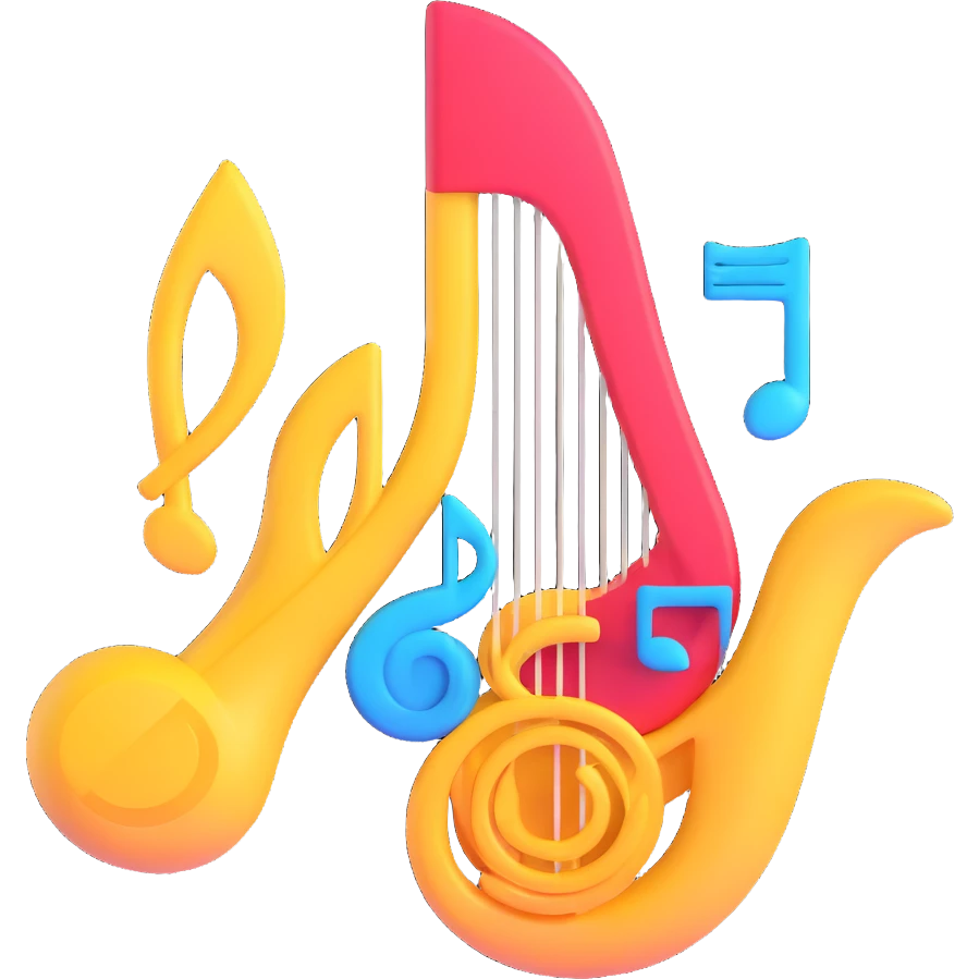 A 3D emoji showcasing a lyre at the center, adorned with bright, flowing shapes and icons of various art forms, including the text "МБУ центр досуга", in the style of Microsoft's 3D Fluent Emojis. emoji
