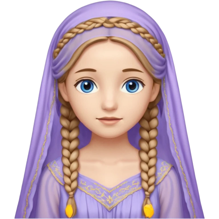 Joven de unos 20 años, de aspecto dulce y elegante.
Piel clara, ojos (pueden ser azules o verdes)
Rubio o castaño claro, largo, con trenzas o velo.
Vestido largo de tonos suaves (blanco, azul o lavanda), con bordados dorados; un manto o toca fina cubriendo la cabeza. se vea todo el cuerpo emoji