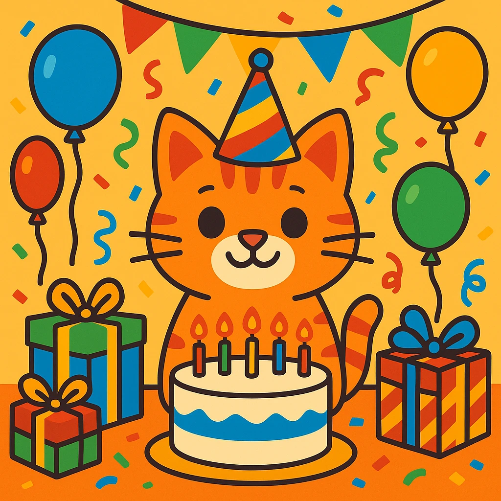 birthday party scene with colorful decorations, balloons, confetti, a large birthday cake, gifts, and a festive atmosphere, featuring a ginger tabby kitten wearing a birthday hat as the main character emoji