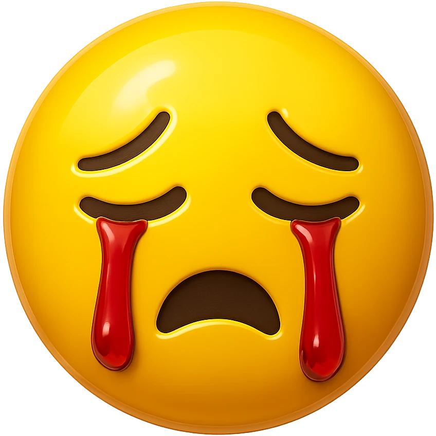 yellow crying face emoji, glossy finish, red tears, no background emoji