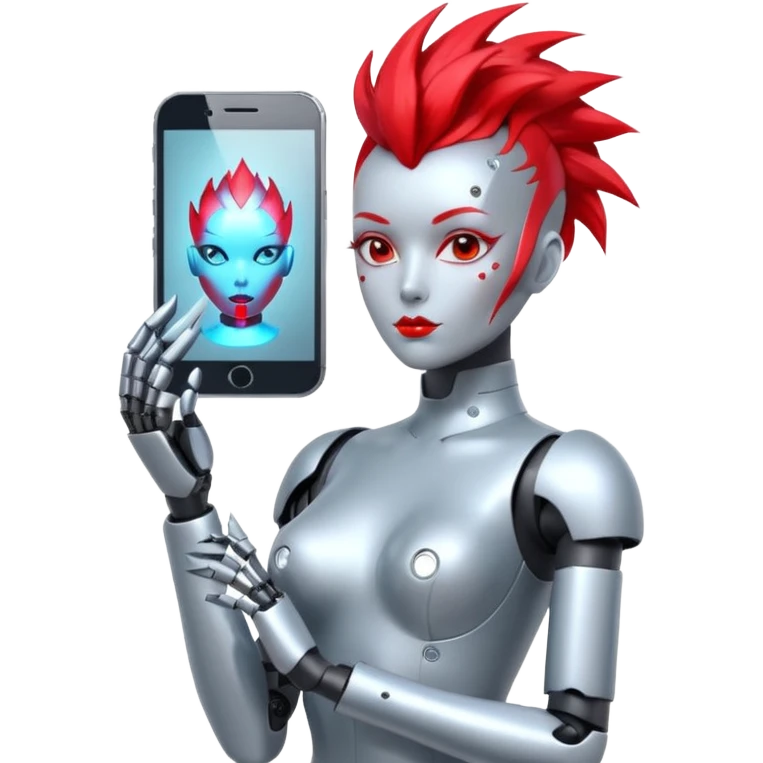 Sexy reflective glass face dronification robot girl with a red mohawk full body pinup pose  emoji
