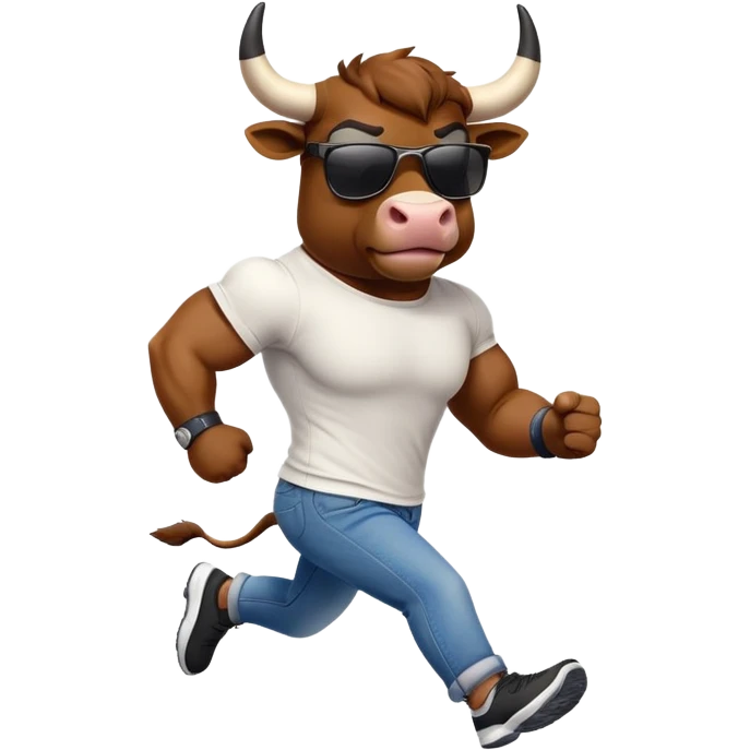 friendly anthropomorphised bull in jeans and a t-shirt, wearing dark sunglasses, jogging upright emoji