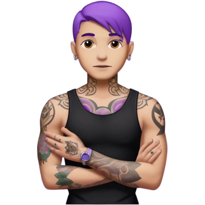 men with tatoos and hightlight that tatoos with purple hair and black dress emoji