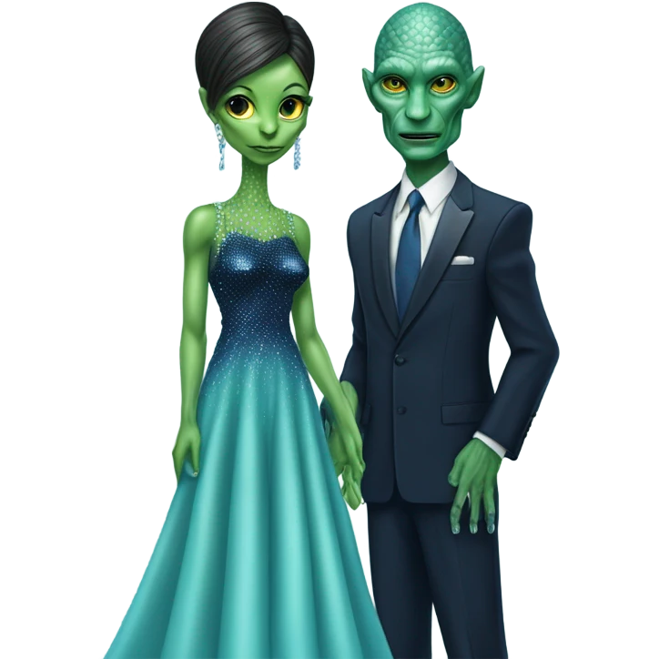 reptilian alien green skin woman, in long slim pastel blue formal party satin dress with gradient shiny sparkling navy blue diamonds embroidered , and caucasian man in black dres emoji