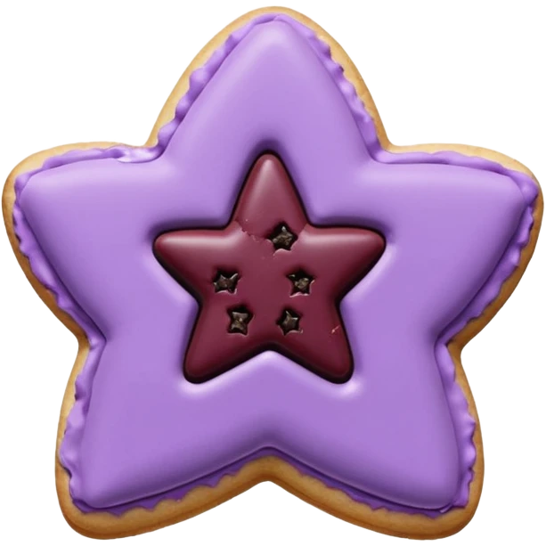 realistic pastel purple cookie with a soft, crumbly texture, fine surface cracks, matte baked finish, star-shaped jam cutout revealing glossy dark berry filling emoji