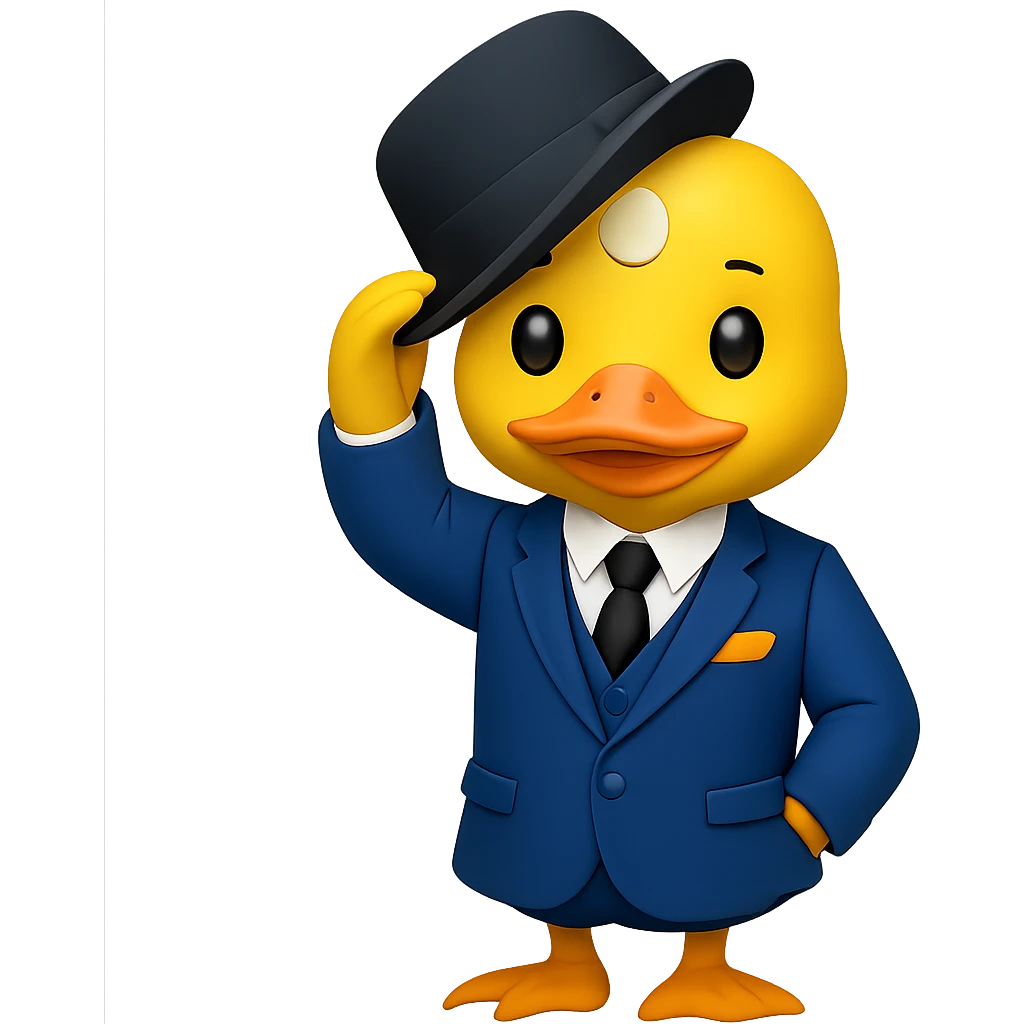 Create a gentlemanly yellow duck in a blue suit, tipping hat, in the style of apple emojis, with no background. emoji