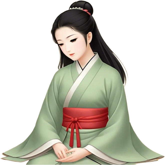 一个亚洲女孩。头发为深棕色，三七分，方脸，单眼皮，薄嘴唇 emoji