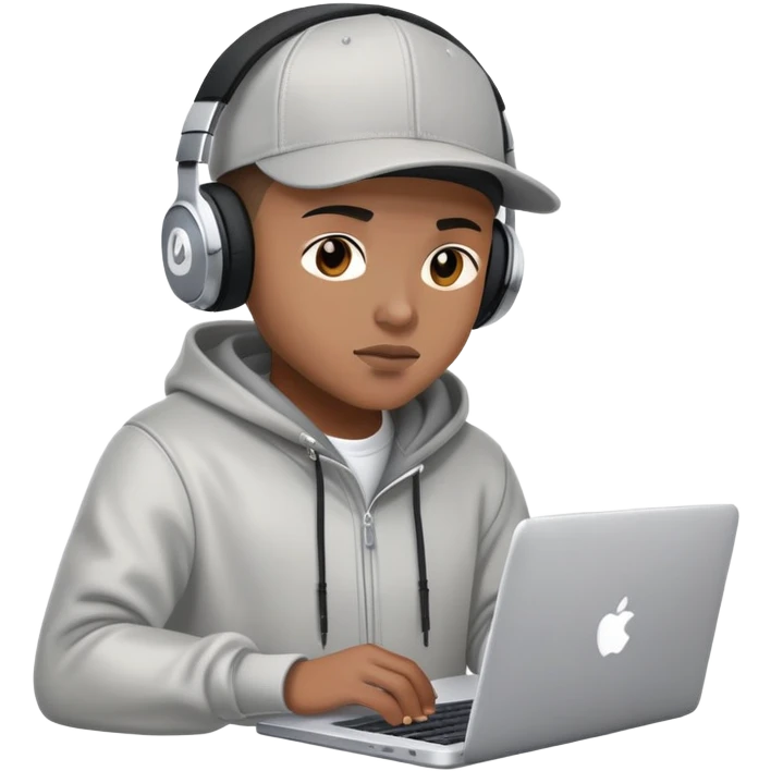 rapper developer with hoodie, baseball cap, headphones and laptop coding emoji