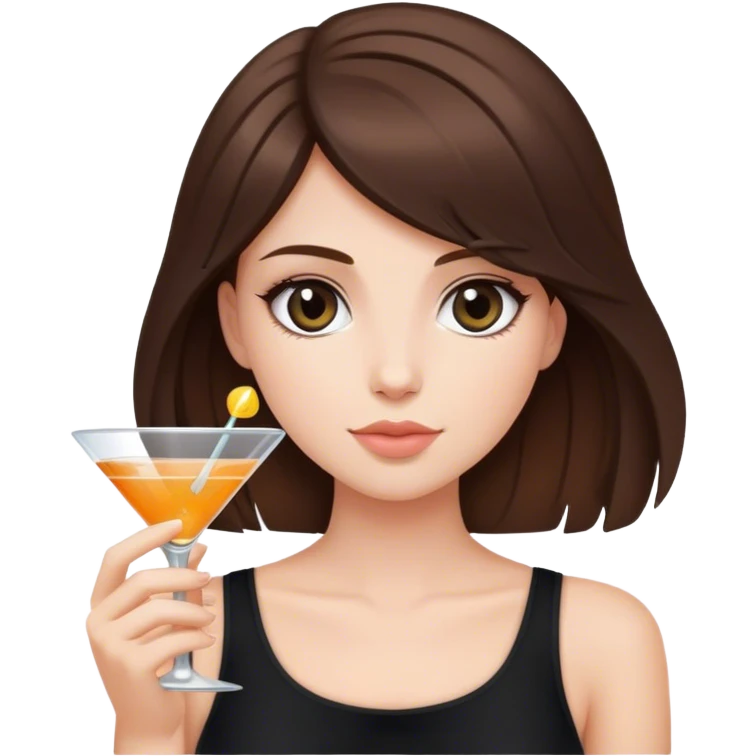 brunette hair down girl black top holding a cosmo emoji
