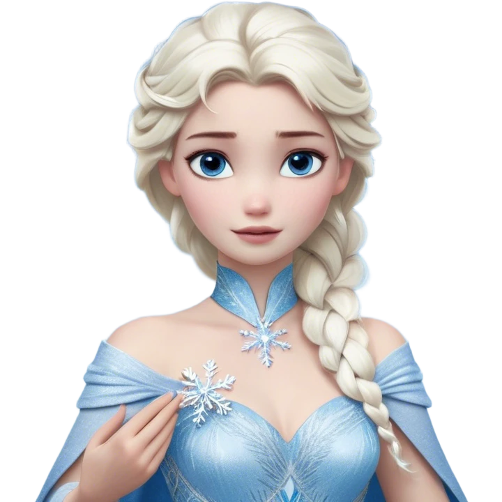 Cinematic Realistic Elsa Portrait, depicted with lifelike skin texture, soft natural lighting, and intricately detailed platinum blonde hair styled elegantly. Her striking, expressive blue eyes exude confidence and grace, complemented by a serene and regal expression. She holds a shimmering snowflake delicately in one hand, her other hand resting against her gown, embodying the power and beauty of winter. She is dressed in her signature icy attire, with shimmering fabric textures and delicate folds that catch the light beautifully. The portrait features a soft, enchanting glow with a cool, radiant finish, capturing the essence of timeless elegance in a realistic and painterly style. emoji