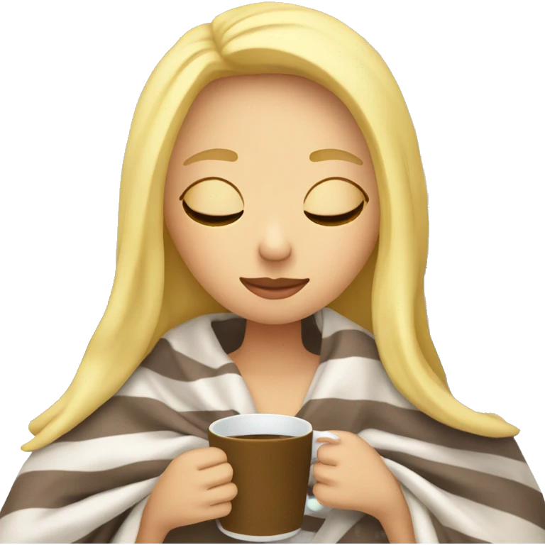 Blonde girl inside a blanket sipping coffee eyes closed emoji