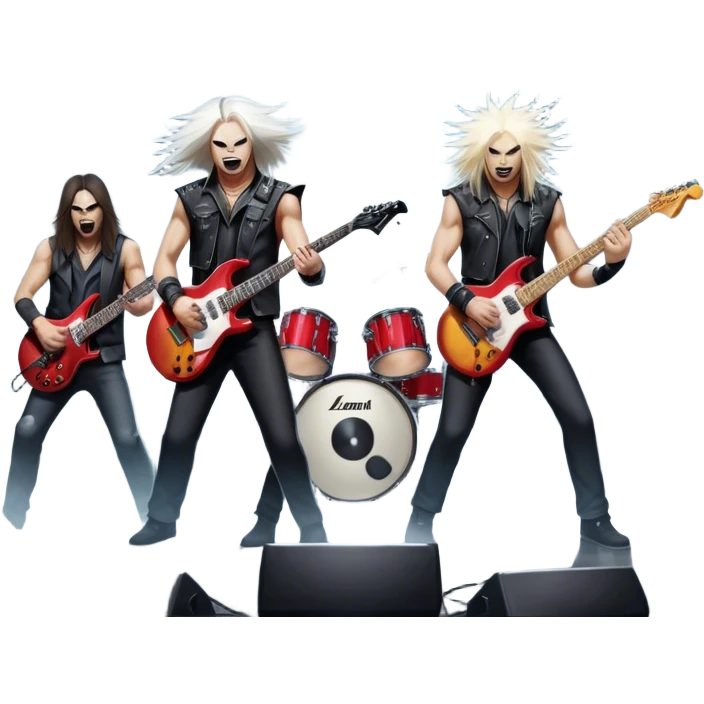 Icon for Heavy Metal Music: 4 men band on stage with electric guitars, drums and intense lighting. 4 Musicians headbanging, surrounded by energy and stage effects, capturing the power and intensity of a metal concert. Transparent background. emoji