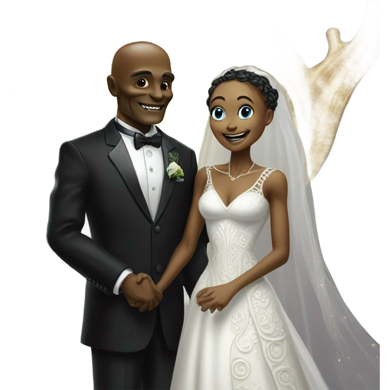 Alien reprilian woman in wedding dress and one humman man in a tuxedo holding hands getting married emoji